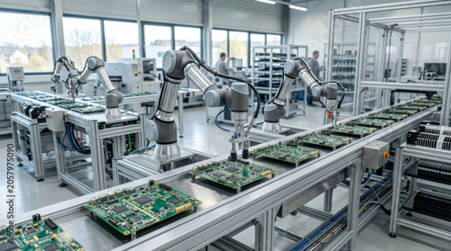 Robotic arms assembling circuit boards in a modern manufacturing facility, showcasing advanced automation and technology.