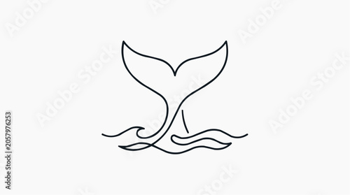 Minimalist Whale Tail Line Art: A sleek, single-line drawing captures the iconic fluke of a whale emerging from stylized ocean waves, symbolizing marine life and freedom.