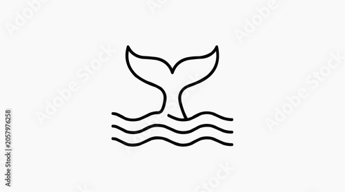Whale Tail Icon: A minimalist outline illustration of a whale's tail fin emerging from stylized ocean waves, perfect for aquatic themes and marine conservation messaging.