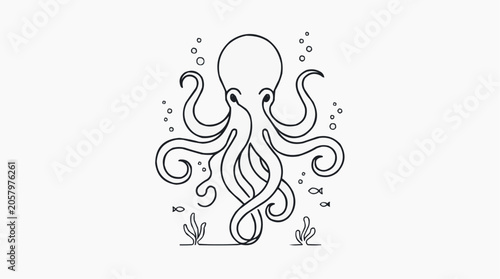 Octopus Illustration: A stylized, minimalist line art illustration of an octopus with its tentacles gracefully spread, surrounded by bubbles and small fish, evokes a sense of the underwater world.