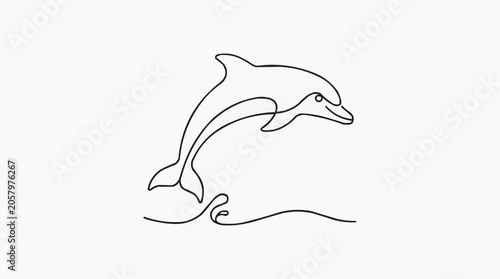 Minimalist Dolphin Leap: A single continuous line art illustration captures the dynamic leap of a dolphin out of stylized waves, embodying freedom and the spirit of the ocean.