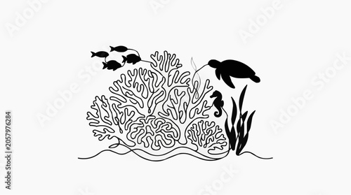Coral Reef Silhouette: A stylized black and white silhouette depicts a vibrant coral reef teeming with marine life, including fish, a sea turtle, and a seahorse.