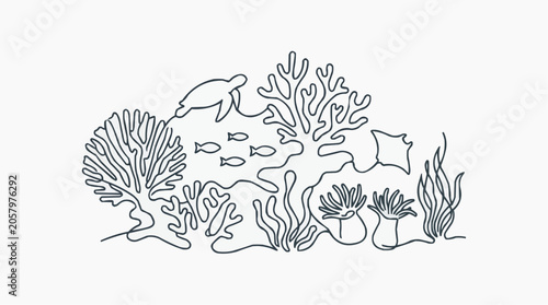 Undersea Kingdom: A minimalist line art depiction of a vibrant coral reef teeming with marine life, featuring a graceful sea turtle, a school of fish, and a ray.