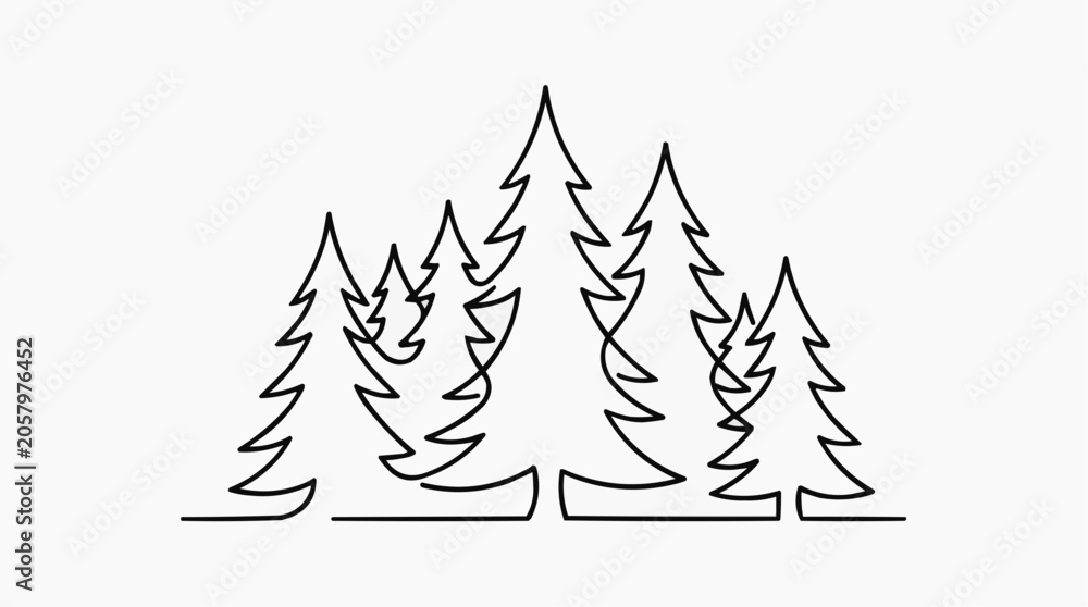 Obraz premium Evergreen Forest Line Art: A minimalist line drawing depicts a cluster of evergreen trees, creating a serene woodland scene with clean, flowing lines.