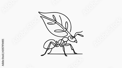 Ant Carrying Leaf: A minimalist line art illustration of an ant carrying a leaf over its back, symbolizing hard work and nature's bounty.