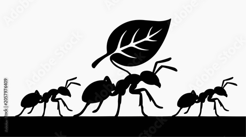 Teamwork Makes the Dream Work: Three ants marching in a line, with the largest ant in the middle carrying a leaf above its head, symbolizing cooperation and shared effort.
