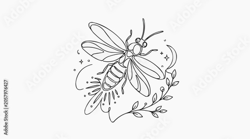 Firefly illustration with celestial elements: A whimsical line art illustration of a firefly glowing amidst crescent moon and twinkling stars, surrounded by delicate branches.
