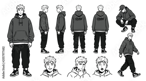 Character reference sheet of a young man in streetwear and hoodie