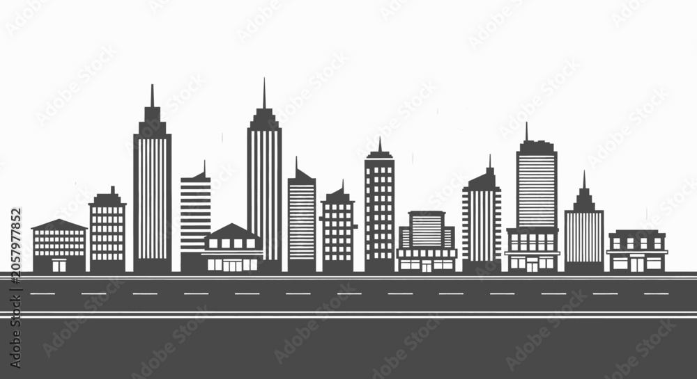 Obraz premium Modern City Skyline Silhouette with a Curved Highway Road Leading to Urban Architecture Vector Illustration