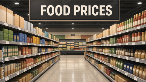 Illustrated grocery store aisle with stocked shelves and a large food prices sign, representing inflation, retail costs, and consumer shopping.