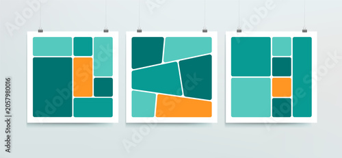 Abstract Art interior posters set. Photo collage frames mockup. Empty page frame for comic book, photo collage, abstract contemporary art posters on wall background. Picture frames. Editable vector