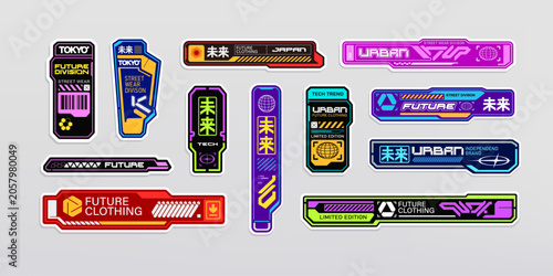 Sci-fi style Futuristic collection of Cyberpunk abstract stickers, meaningless hierogliph logos and text signs. Typography patch with acid colors bright stickers and cyberpunk banners in techno style