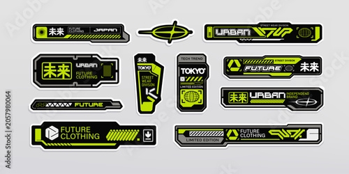 Futuristic banners set in cyberpunk style stickers. Sci-fi ui elements, assets in techno style for clothing print design. Street wear Urban fashion. Cyberpunk aesthetic. Editable vector template	