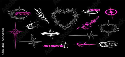 Y2k abstract fashion graphics, Neo Tribal tattoo elements, Neo Gothic Aesthetic, Cybersigilism signs, and brutal style 2000s for rave theme, t-shirts print and apparel design - editable vector