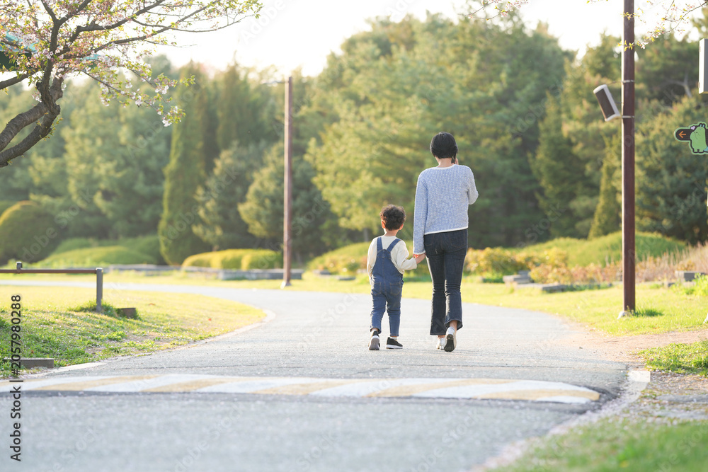 Obraz premium Sunlight bathes a quiet park path. Child walks beside an adult, hand in hand. They move slowly, heads down, absorbed in their steps. Trees line the path, soft green and tall
