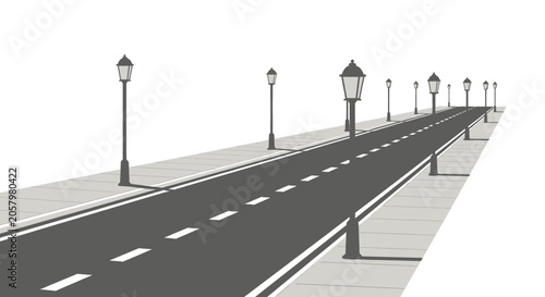 Konstfotografi Vector perspective illustration of an empty city road with street lamp posts on