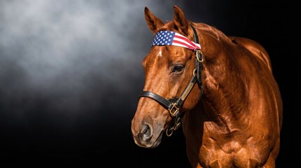 Portrait of a majestic chestnut horse wearing an american flag browband against a dark, moody background