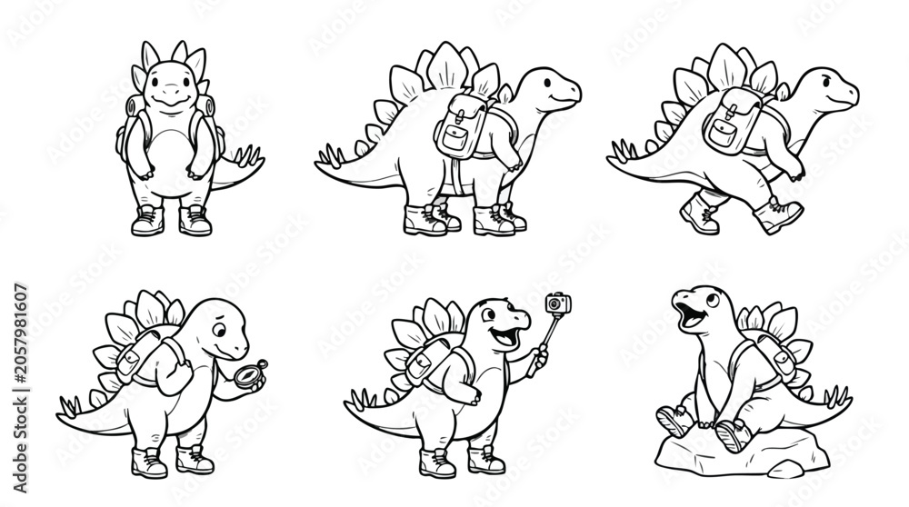Obraz premium Cartoon Hiking Stegosaurus Dinosaur Line Art Coloring Page Set