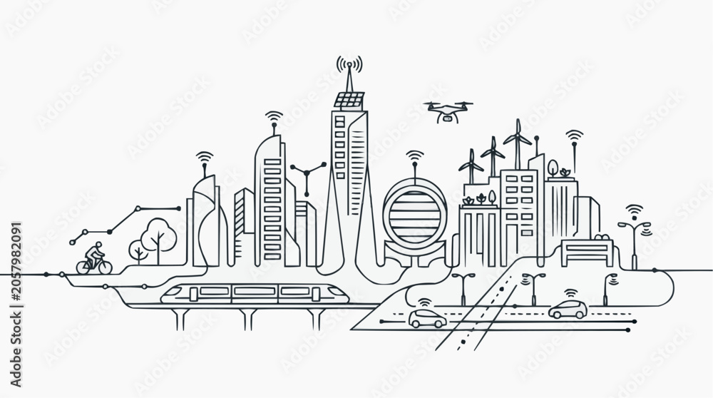 Obraz premium Smart City Skyline: An illustrative representation of a futuristic smart city, showcasing interconnected buildings, autonomous vehicles, drones, and public transportation.