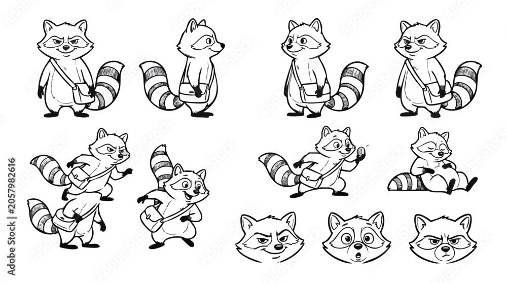 Obraz premium Cartoon raccoon character sheet with various poses and expressions