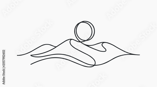 Desert Landscape: A minimalist, abstract depiction of a desert landscape with rolling dunes under a bright sun, rendered in a continuous line art style.