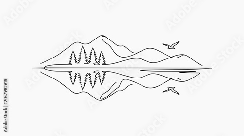 Minimalist Mountain Reflection: A serene landscape featuring a stylized mountain range reflected in calm water, with abstract trees and birds creating a sense of tranquil harmony and natural beauty.