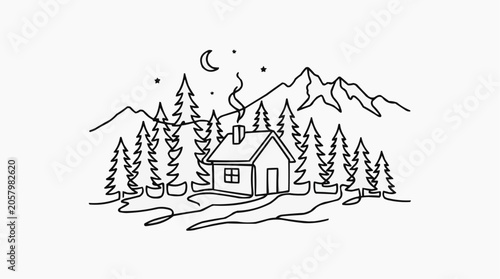 Mountain Cabin Serenity: A minimalist line drawing depicts a cozy cabin nestled amongst pine trees, with a crescent moon and stars overhead, set against a backdrop of majestic mountains.