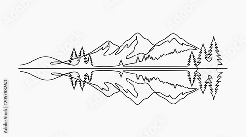 Minimalist Mountain Reflection: A stark, single-line illustration depicts majestic mountain peaks mirrored in a tranquil lake, framed by pine trees, evoking a sense of serene wilderness.