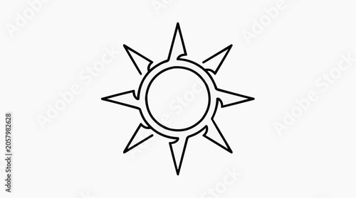 Abstract Sun Symbol: A minimalist, line art depiction of a sun with eight sharp, outward-pointing rays, set against a stark white background.