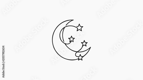 Crescent Moon and Stars Line Art: A minimalist line drawing of a crescent moon adorned with twinkling stars, evoking a sense of wonder and nocturnal beauty.