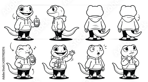 Cute Gecko Character Sheet Vector with Hoodie and Bubble Tea