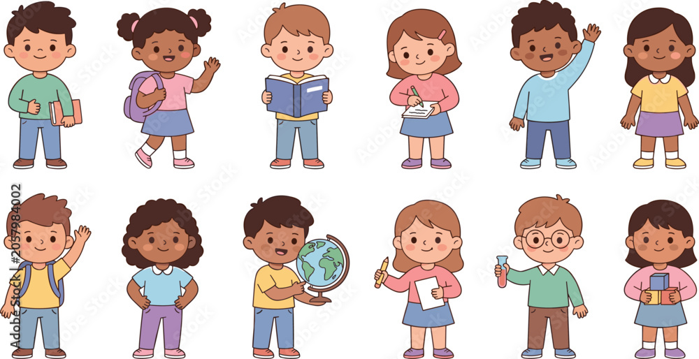 Fototapeta premium Diverse cartoon children students set in various school poses