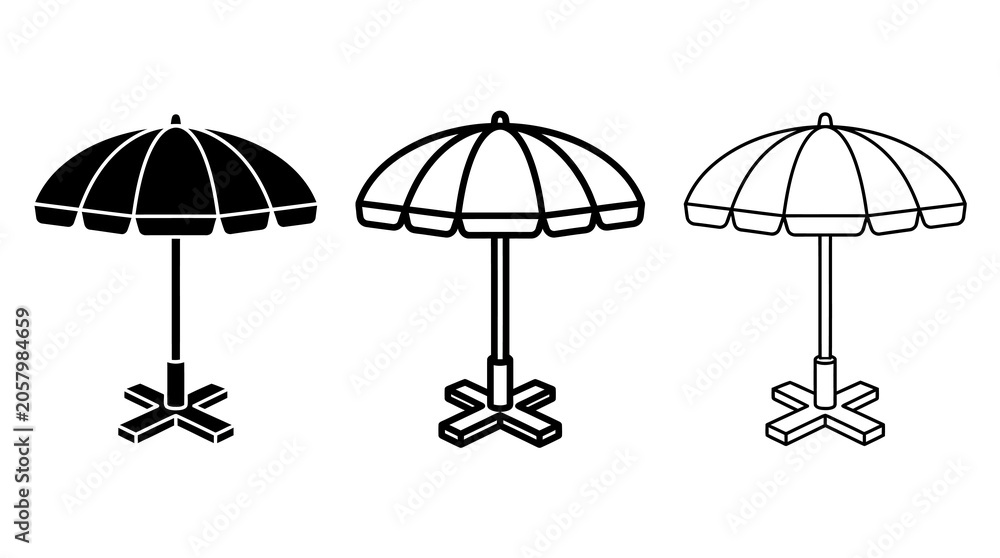 Obraz premium Isometric set of three beach umbrellas: solid, outline, linear styles