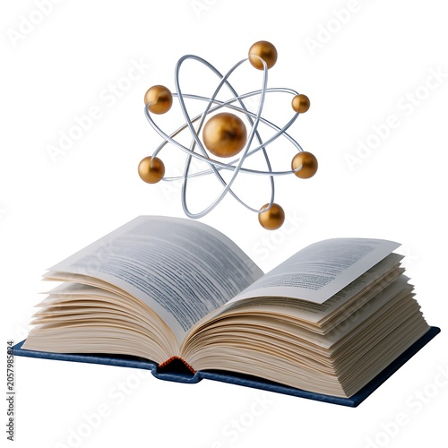 Open Book with 3D Atom Model Illustrating Science and Education Concepts