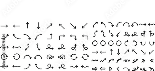Fotografi Comprehensive collection of black outline arrow featuring various directions, cu