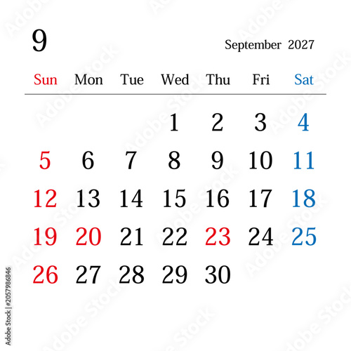 2027年9月、日本のカレンダー