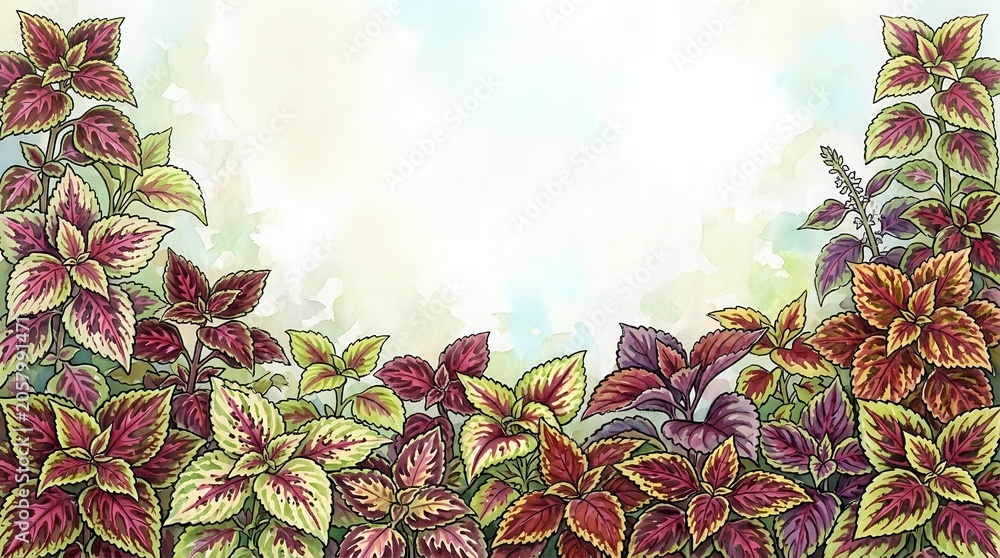 Fototapeta premium Colorful foliage plants with burgundy and golden leaves arranged in a decorative border frame, suitable for botanical designs, garden themes, and nature-inspired backgrounds.