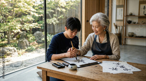 Elderly Japanese woman teaching her grandson calligraphy at home