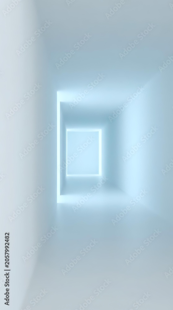 Fototapeta premium Futuristic tunnel with glowing neon light frames creating depth and perspective in minimalist white corridor space for modern design projects.
