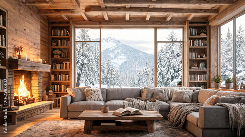 Cozy winter cabin living room with fireplace and snowy mountain view,backdrop, virtual meeting background, ms teams background, zoom meeting backdrop, digital meeting background