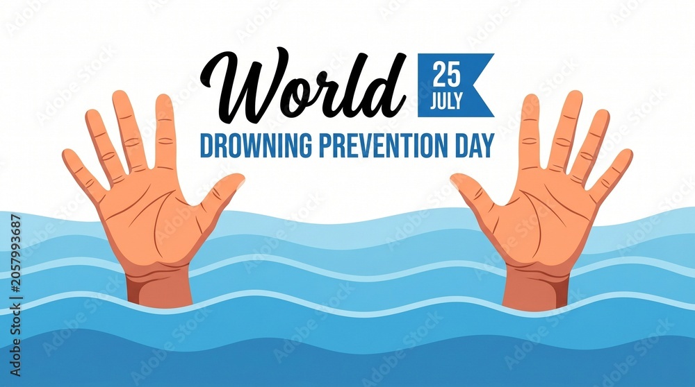 Fototapeta premium World Drowning Prevention Day banner, 25 July awareness poster, hands reaching out of blue water waves