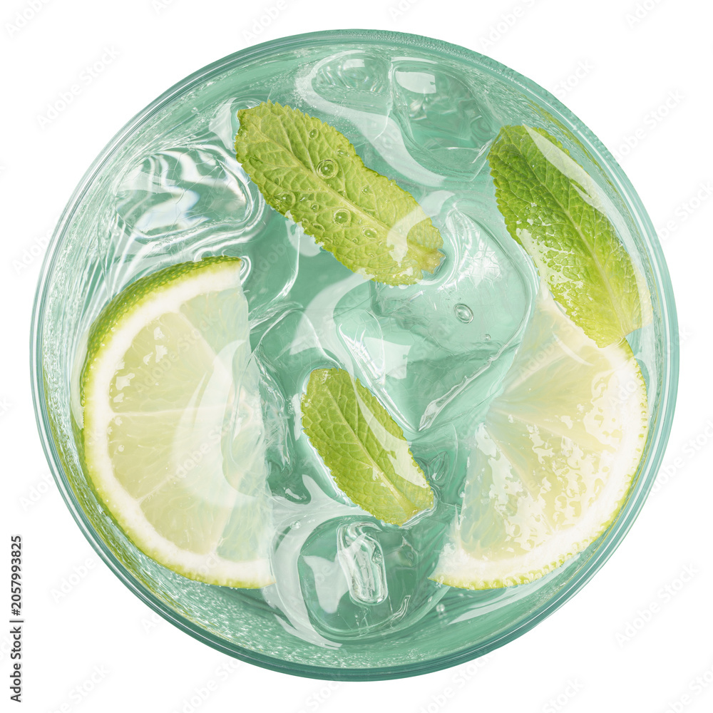 Obraz premium Mojito cocktail top view with lime wedges mint leaves and transparent ice