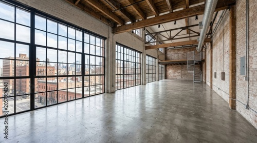 Spacious empty industrial loft with concrete floors and large windows in urban setting