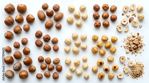 Assorted hazelnuts and blanched nuts arranged in organized groups showing whole nuts, halved kernels, and crushed pieces on white background for culinary and design use.