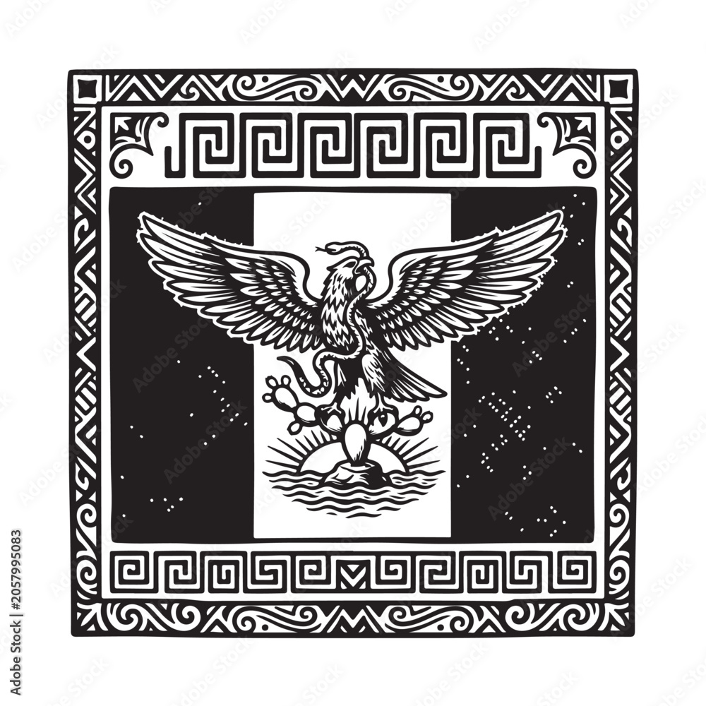 Fototapeta premium Mexican coat of arms illustration with ancient greek key border pattern