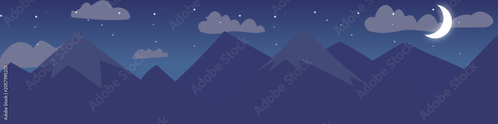 Obraz premium Night Mountain Landscape Banner with Crescent Moon and Stars in Minimalist Flat Vector Style