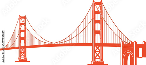 Stylized orange-red illustration of Golden Gate Bridge with suspension towers and cables for landmark, travel, and architectural design projects
