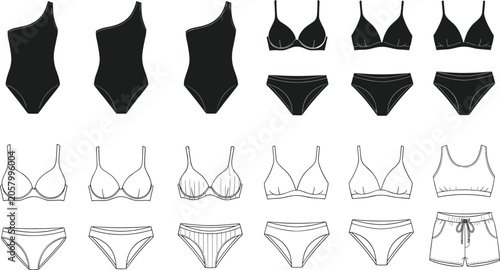 Photos Swimwear and lingerie silhouettes, black vector illustration of bikini tops, bot