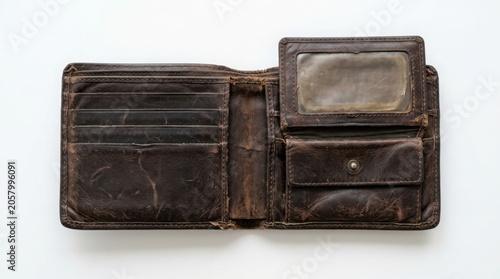 Empty Worn Leather Wallet Open on White Background Minimalist Style
