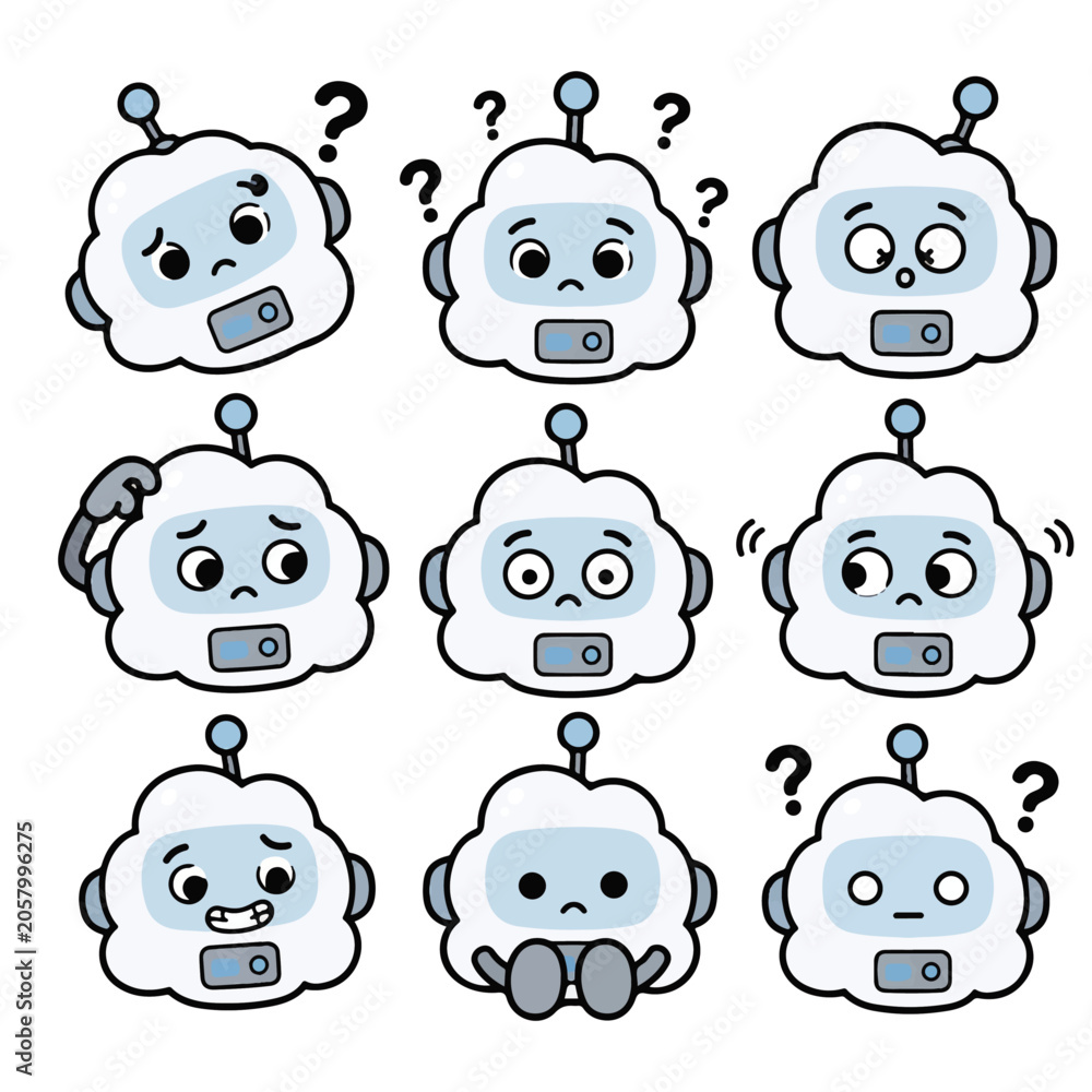 Obraz premium Cute Confused Cloud Robot Kawaii Character Set with Soft Tech Mascot Sticker Expressions
